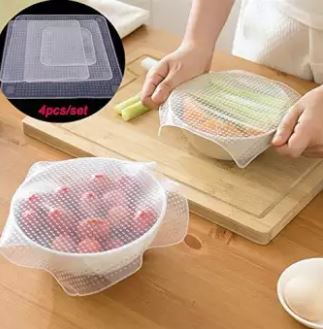 Original Stretch and Fresh Silicone Seal Cover Cling Film Reusable Kitchen, Wraps Pack of 4 - AABA MALL