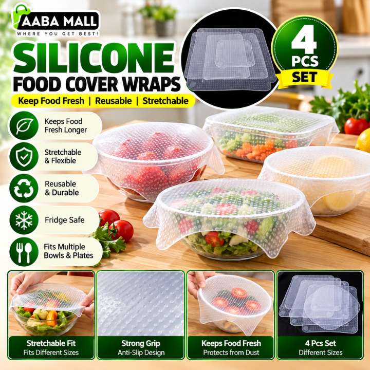 Original Stretch & Fresh Silicone Seal Covers Reusable Kitchen Cling Film Wraps Set of 4 | Stretchable Food Covers for Bowls, Plates, Fruits & Containers