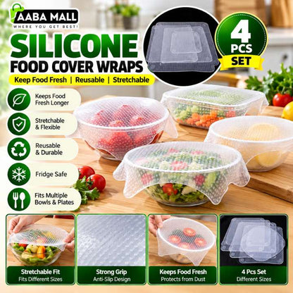 Original Stretch & Fresh Silicone Seal Covers Reusable Kitchen Cling Film Wraps Set of 4 | Stretchable Food Covers for Bowls, Plates, Fruits & Containers