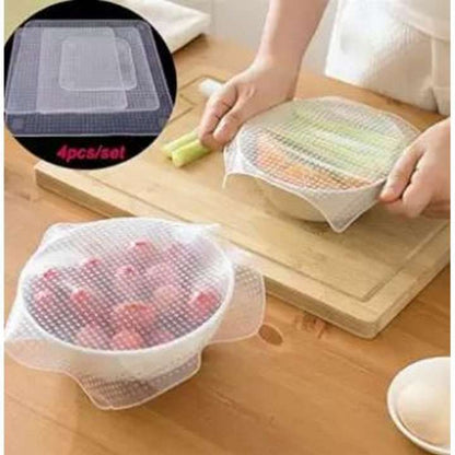 Original Stretch & Fresh Silicone Seal Covers Reusable Kitchen Cling Film Wraps Set of 4 | Stretchable Food Covers for Bowls, Plates, Fruits & Containers