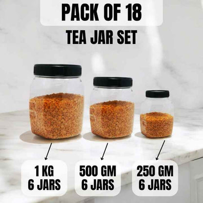 18 Tea Plastic Jar Set – Premium Airtight Food Storage Containers | 6 Jars (1KG), 6 Jars (500GM), 6 Jars (250GM)