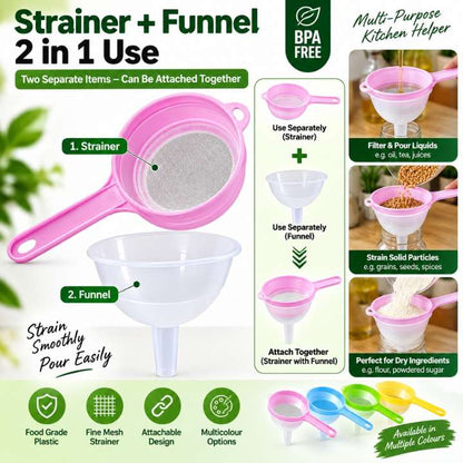 PP Polymer Funnel with Strainer – Multicolour Net Filter Funnel for Kitchen & Household Use