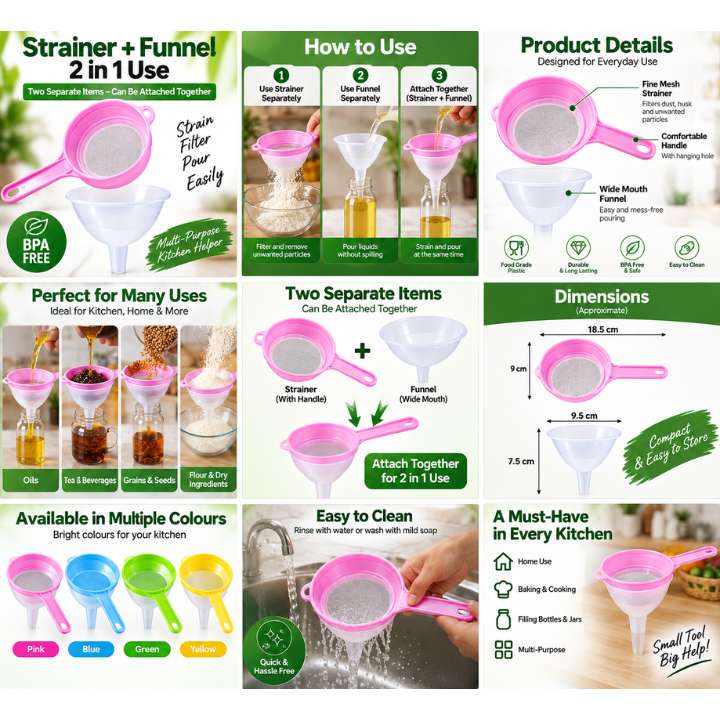PP Polymer Funnel with Strainer – Multicolour Net Filter Funnel for Kitchen & Household Use