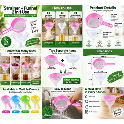 PP Polymer Funnel with Strainer – Multicolour Net Filter Funnel for Kitchen & Household Use