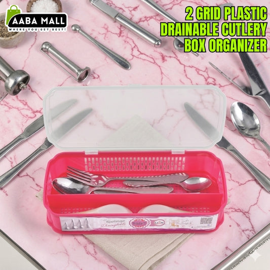 2 GRID PLASTIC DRAINABLE CUTLERY BOX ORGANIZER HOLDER WITH LID