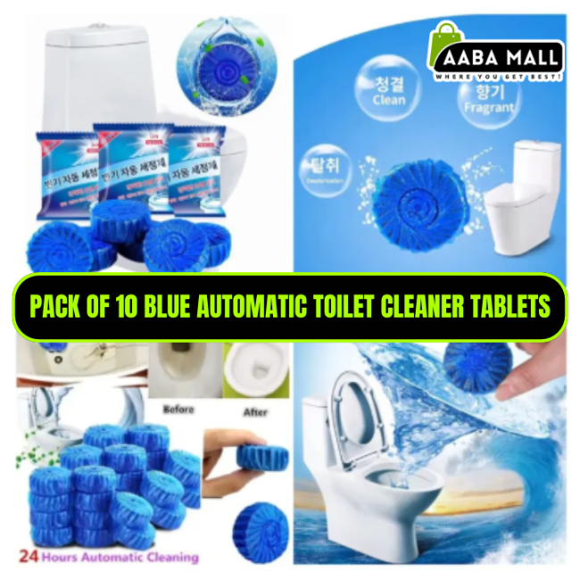 A pack of 10 blue automatic toilet cleaner and deodorizer tablets, shown next to a toilet tank demonstrating the blue water effect after a flush.