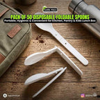 Pack of 50 disposable foldable spoons with a carrying case on a wooden surface, featuring AABA MALL branding.