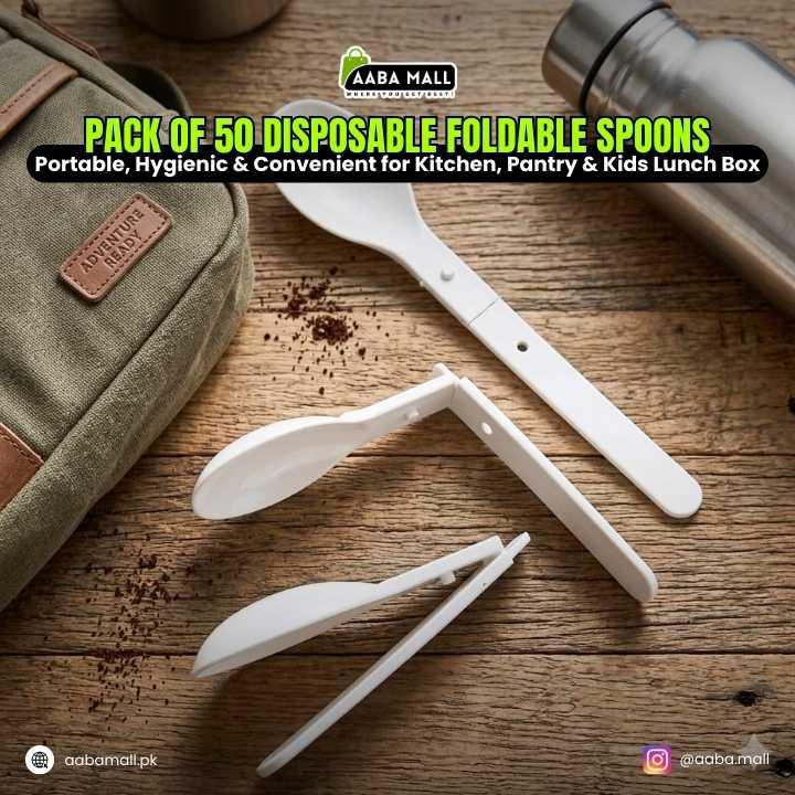 Pack of 50 disposable foldable spoons with a carrying case on a wooden surface, featuring AABA MALL branding.