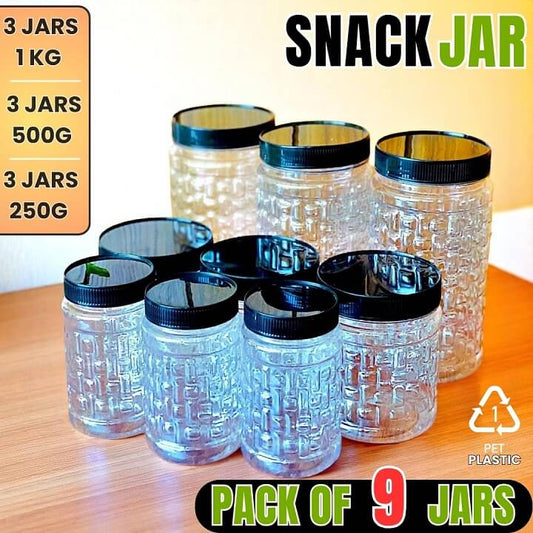 Pack of 9 snack jars with black lids on a wooden surface, featuring text indicating weight and quantity.