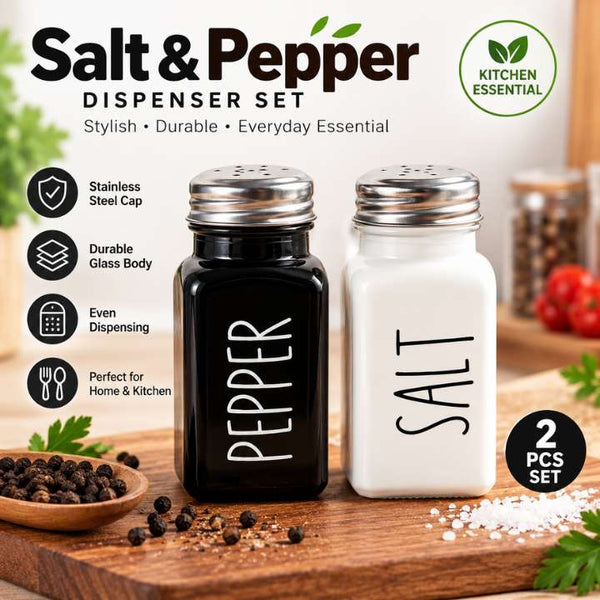 Pair of Salt & Pepper Dispenser | Stainless Steel & Glass Seasoning Bottles | Farmhouse Black Kitchen Spice Containers