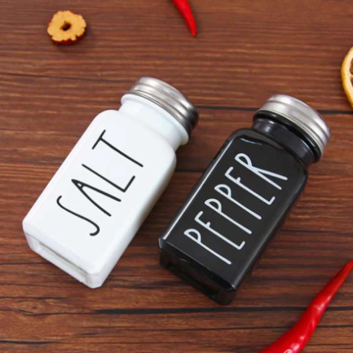 Pair of Salt & Pepper Dispenser | Stainless Steel & Glass Seasoning Bottles | Farmhouse Black Kitchen Spice Containers