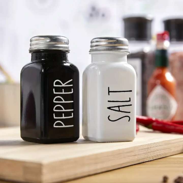 Pair of Salt & Pepper Dispenser | Stainless Steel & Glass Seasoning Bottles | Farmhouse Black Kitchen Spice Containers