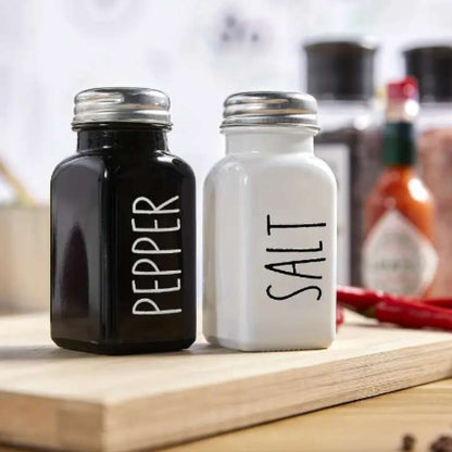 Pair of Salt & Pepper Dispenser | Stainless Steel & Glass Seasoning Bottles | Farmhouse Black Kitchen Spice Containers