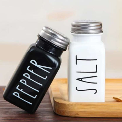 Pair of Salt & Pepper Dispenser | Stainless Steel & Glass Seasoning Bottles | Farmhouse Black Kitchen Spice Containers