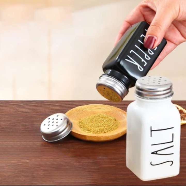 Pair of Salt & Pepper Dispenser | Stainless Steel & Glass Seasoning Bottles | Farmhouse Black Kitchen Spice Containers