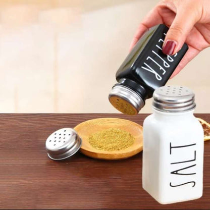 Pair of Salt & Pepper Dispenser | Stainless Steel & Glass Seasoning Bottles | Farmhouse Black Kitchen Spice Containers