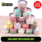 Stack of colorful paper cupcake cups with 'AABA MALL' branding and text indicating 100 pieces.
