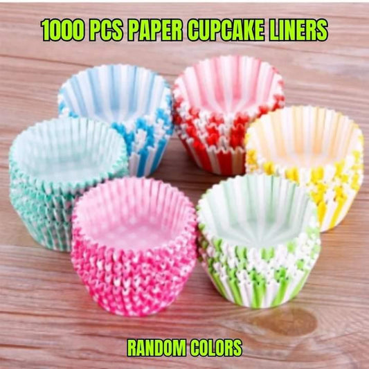 Assorted colorful paper cupcake liners on a wooden surface with text indicating quantity and color randomness.