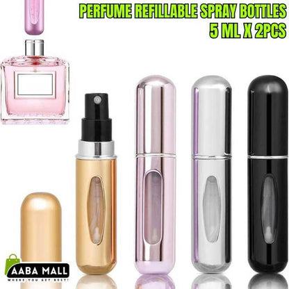 Set of four perfume refillable spray bottles with AABA Mall branding.