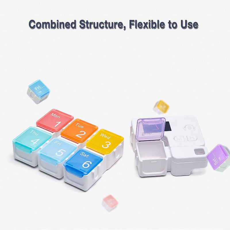 Colorful pill organizer with compartments labeled for each day of the week on a white background.