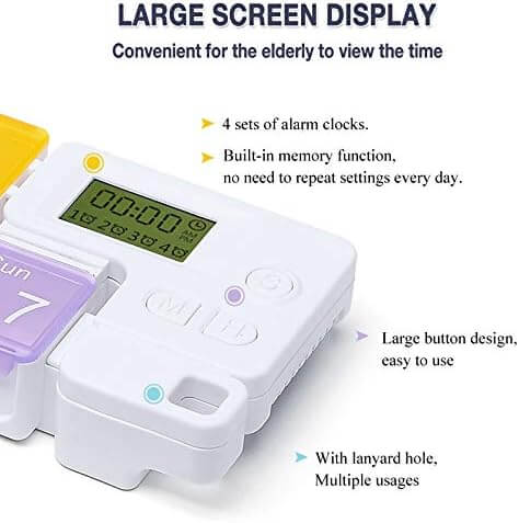 Digital alarm clock with large screen display and features listed on a white background