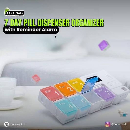 7-day pill dispenser organizer with colorful compartments on a white surface.