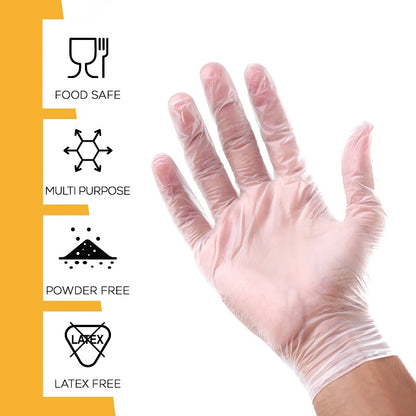 Pink disposable glove with food safe, multi-purpose, powder-free, and latex-free icons on a white background.