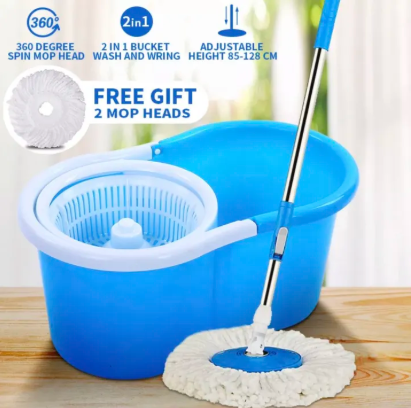 360 Degree Easy Spin Mop Bucket - 2 Microfiber Head and Plastic and Rod
