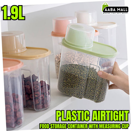 airtight food storage container, grain storage jar, pulses storage box, rice container with measuring cup, flour storage container, 1.9L plastic jar, cereal storage box, pasta storage container, dry food jar, kitchen storage solution.