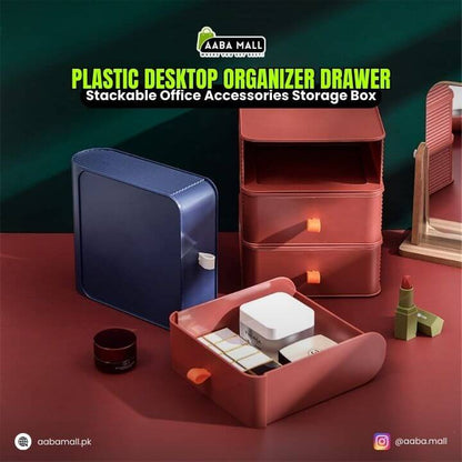 Stackable office accessories storage boxes with AABA MALL branding on a dark background