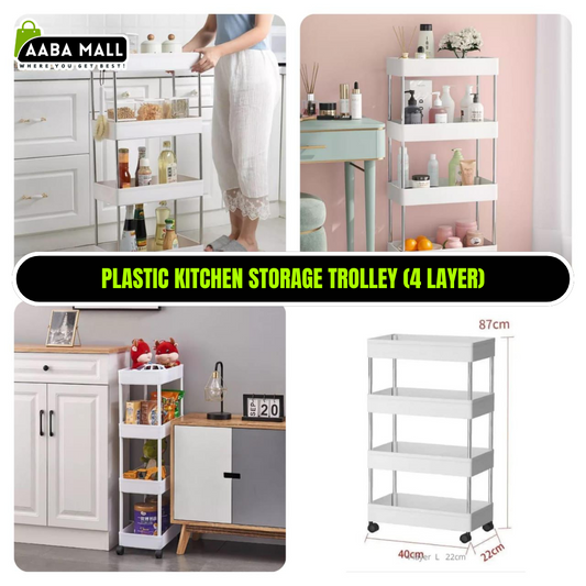 Plastic Kitchen Storage Trolley Rack with Caster Wheels – 4 Layer | Rolling Utility Cart