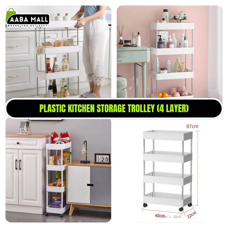 Plastic Kitchen Storage Trolley Rack with Caster Wheels ? 4 Layer | Rolling Utility Cart - AABA MALL
