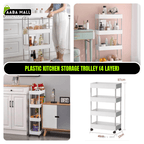 Plastic kitchen storage trolley with multiple uses shown, including in a kitchen and bedroom settings. Brand 'AABA MALL' is visible.