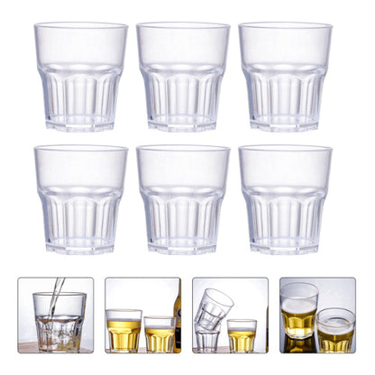Vintage design plastic drinking glasses pack of 12, 220ML capacity, showing the textured retro pattern on a kitchen table with water.