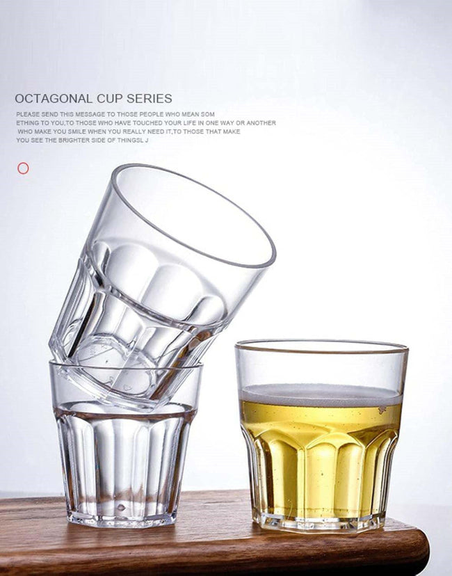 Vintage design plastic drinking glasses pack of 12, 220ML capacity, showing the textured retro pattern on a kitchen table with water.