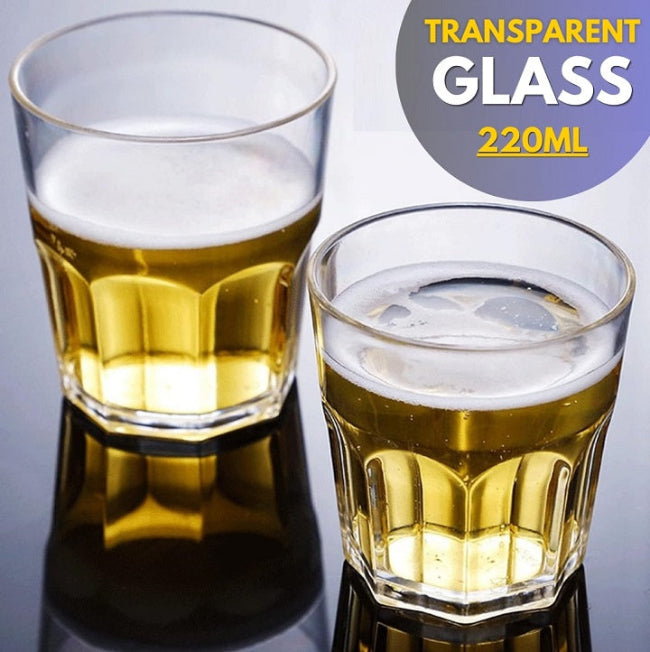 Vintage design plastic drinking glasses pack of 12, 220ML capacity, showing the textured retro pattern on a kitchen table with water.