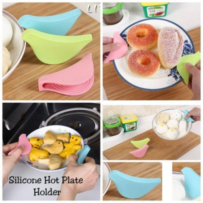 Close-up of a brightly colored silicone hot plate holder / trivet with a honeycomb pattern, shown supporting a steaming hot black iron skillet on a kitchen counter.