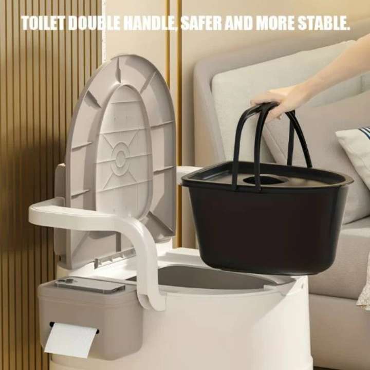 1pc Portable Bedside Commode Toilet for Elderly – Non‑Slip Plastic, Armrests, Double Layer Odor Seal, Shower & Bath Friendly