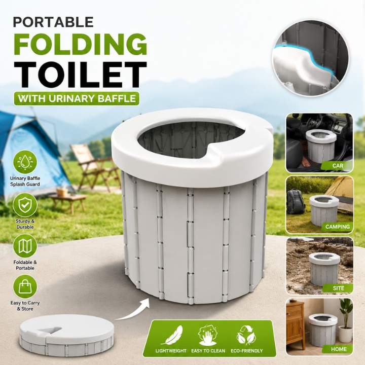 Portable folding toilet with features highlighted on a promotional graphic