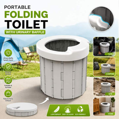 Portable folding toilet with features highlighted on a promotional graphic