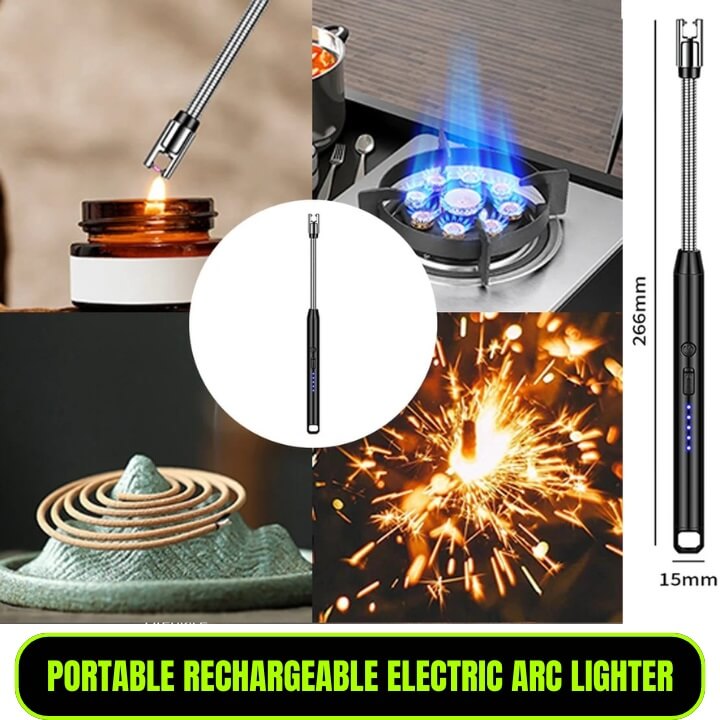 Portable rechargeable electric arc lighter with various uses including lighting a candle, igniting a gas stove, and creating sparks.
