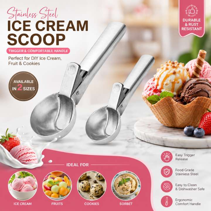 Portable Stainless Steel Ice Cream Scoop Spoon with Trigger & Comfortable Handle – Perfect for DIY Ice Cream, Fruit & Cookies