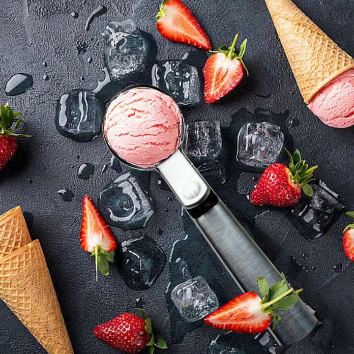 Portable Stainless Steel Ice Cream Scoop Spoon with Trigger & Comfortable Handle – Perfect for DIY Ice Cream, Fruit & Cookies