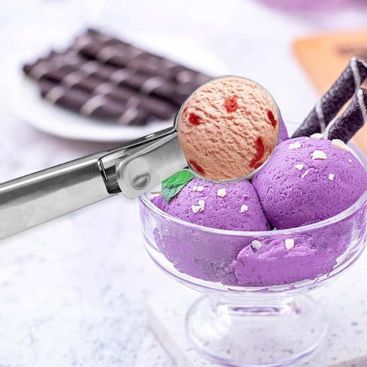 Portable Stainless Steel Ice Cream Scoop Spoon with Trigger & Comfortable Handle – Perfect for DIY Ice Cream, Fruit & Cookies