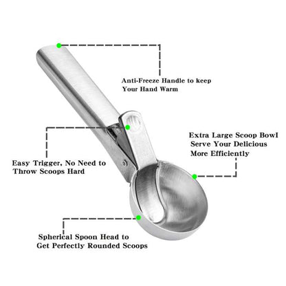 Portable Stainless Steel Ice Cream Scoop Spoon with Trigger & Comfortable Handle – Perfect for DIY Ice Cream, Fruit & Cookies