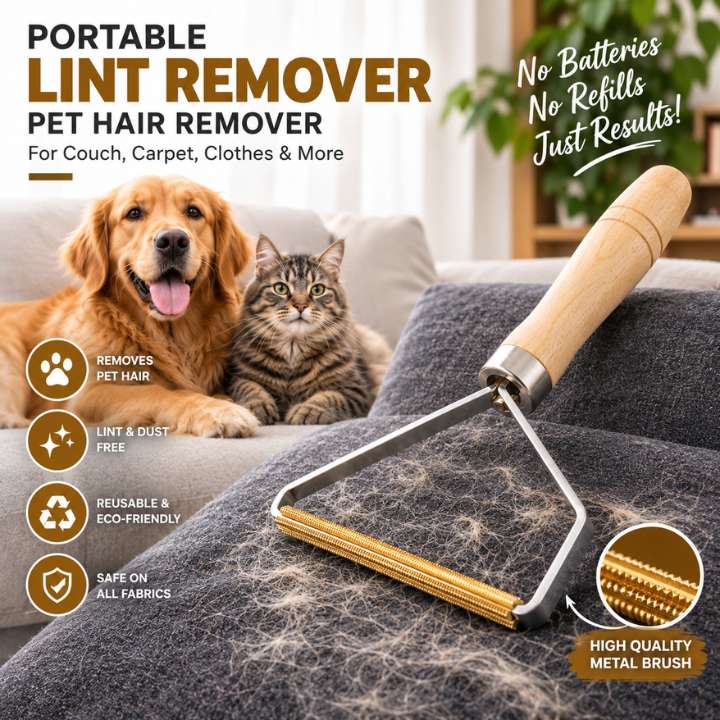 Portable Wooden Handle Lint Remover, Pet Hair Remover for Couch, Carpet Brush & Easy Cat/Dog Hair Cleaner