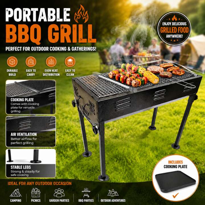 Portable BBQ / Bar B Q Grill with Cooking Plate | Outdoor Picnic & Camping Charcoal Grill