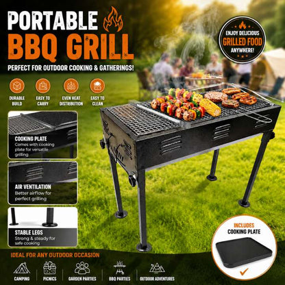 Portable BBQ / Bar B Q Grill with Cooking Plate | Outdoor Picnic & Camping Charcoal Grill