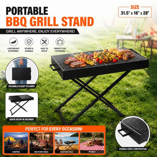 Portable BBQ Grill Stand – Charcoal Stainless Steel Folding Barbecue Stand for Outdoor Cooking, Camping & Picnics (31.5" x 16" x 28")