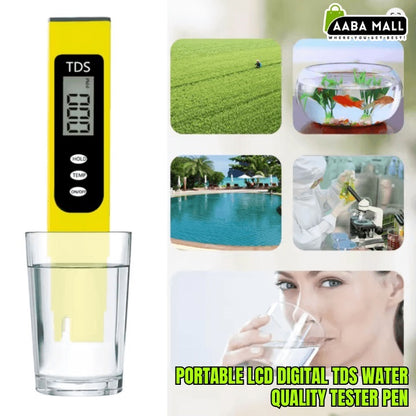 TDS meter with images of water quality applications and a person drinking water.